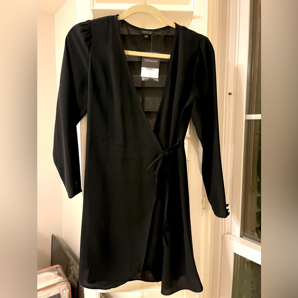 Black, long sleeve, wraparound dress from top shop